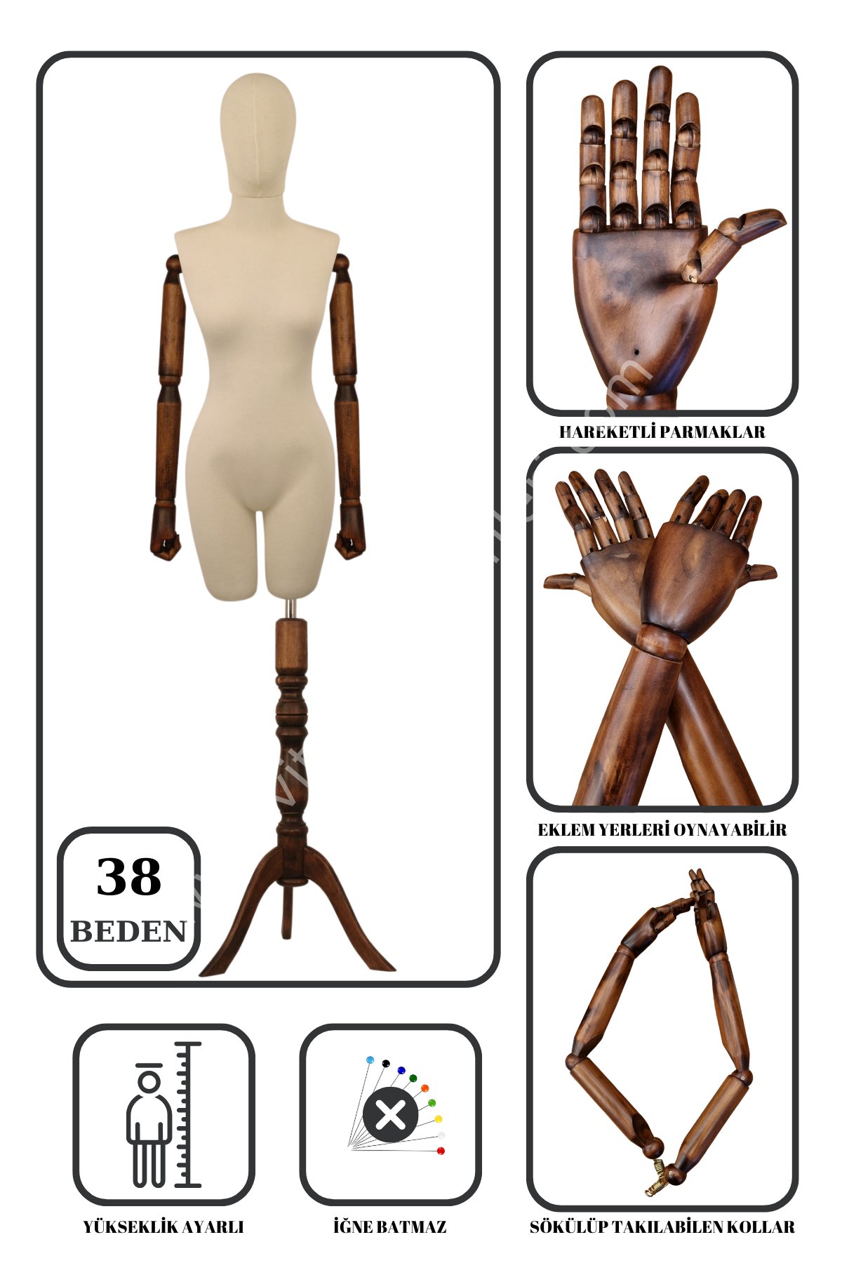 MD VİTRİN DEKORASYON 38 Beden Kafalı Ahşap Ayaklı Pantolon Giyebilen Terzi Mankeni Prova mankeni
