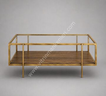 DEKORATİF CAMLI ORTA SEHPA GOLD ESKİTME - ATLANTİK ÇAM