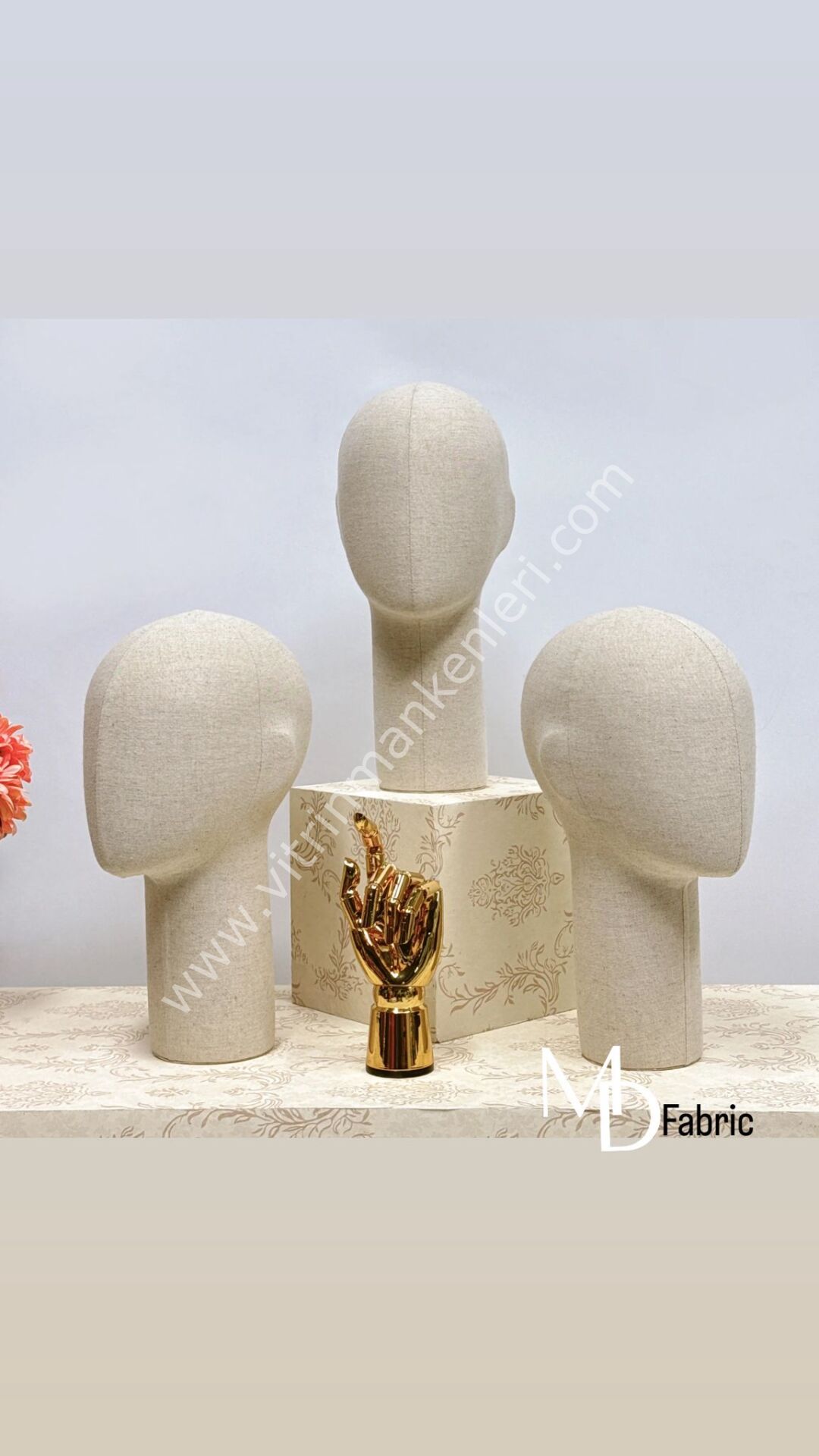 MD Vitrin Dekorasyon Krem Keten Kumaş Tekli Kafa Aksesuar Mankeni (Adet)