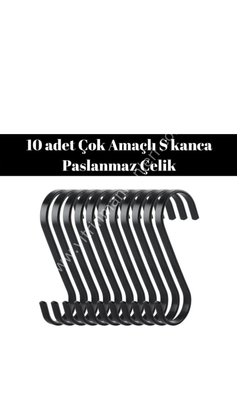 10 Adet Siyah Renk Çok Amaçlı Paslanmaz Çelik S Kanca - Mutfak Banyo Depo Gardırop