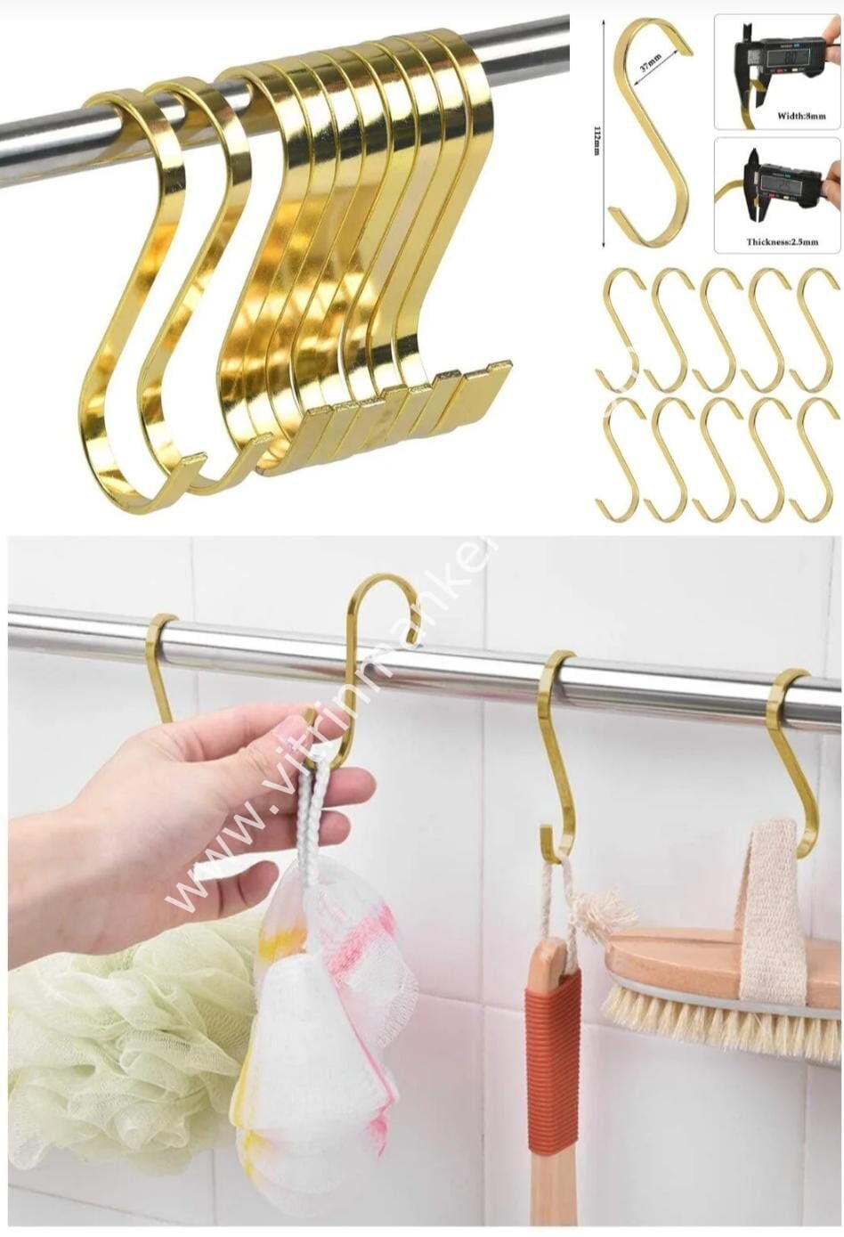 10 Adet Gold Renk Çok Amaçlı Paslanmaz Çelik S Kanca - Mutfak Banyo Depo Gardırop