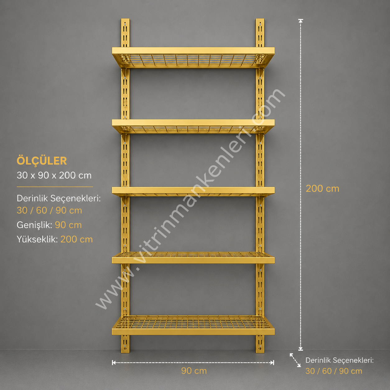DUVARA MONTE GEÇMELİ RAF 5 RAFLI TEL RAF 30x60/90/120x200 cm GOLD STATİK BOYA - 90cm