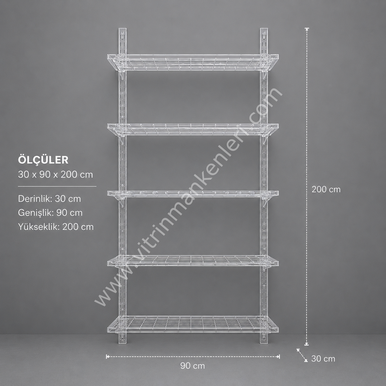 DUVARA MONTE GEÇMELİ RAF 5 RAFLI TEL RAF 30x60/90/120x200 cm ÖZEL RENK - 90cm