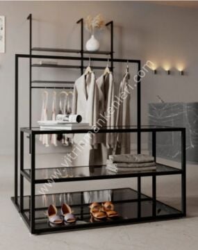 Butik İkili Askılık Mağaza Ayaklı Standı MDF Bazalı Askılık Siyah/Siyah Mdf
