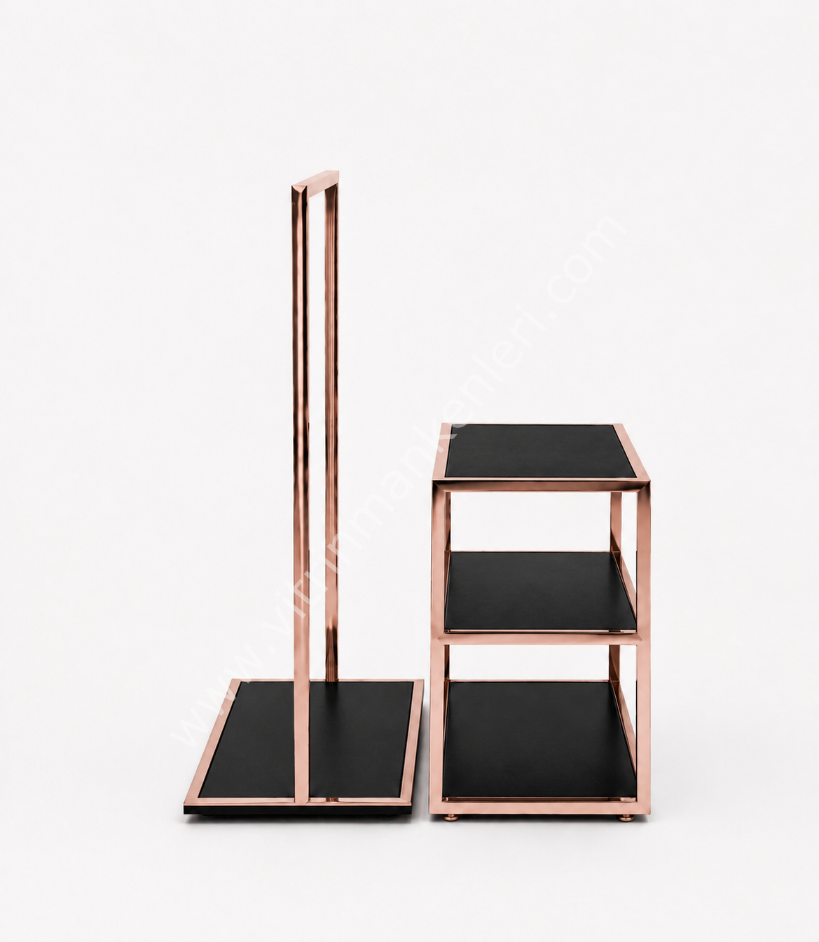 Butik İkili Askılık Mağaza Ayaklı Standı MDF Bazalı Askılık Siyah/Siyah Mdf ROSE GOLD - SİYAH